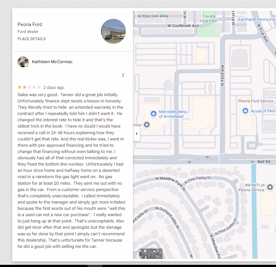 Google review left for Peoria Ford by Kathleen McCormac