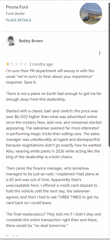 Google review left for Peoria Ford by Bobby Brown