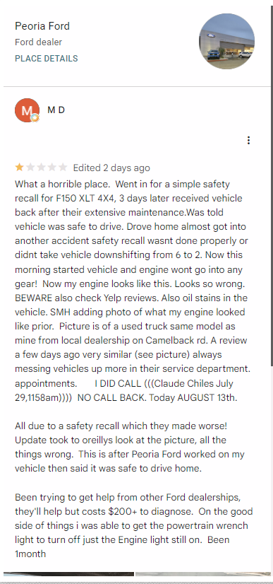 Google review left for Peoria Ford by M D